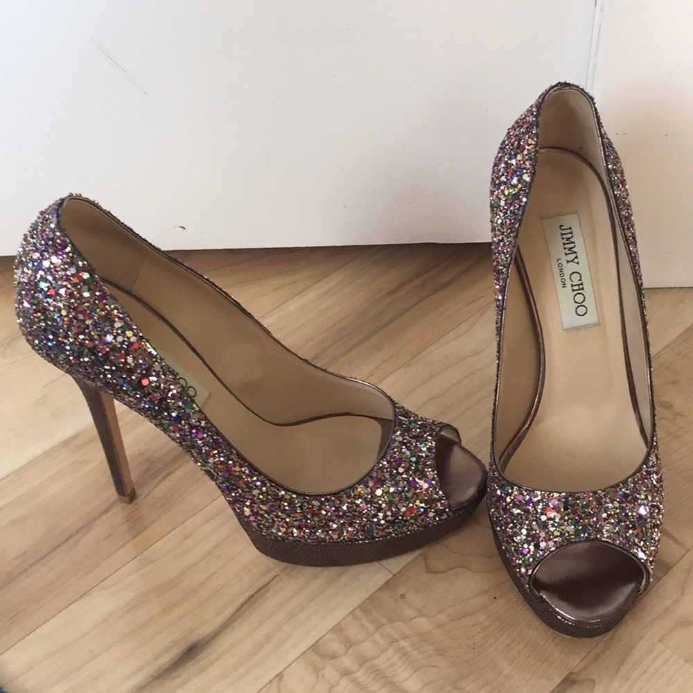Jimmy Choo glitter,platform peep toe pumps.Classic - Picture 2 of 8
